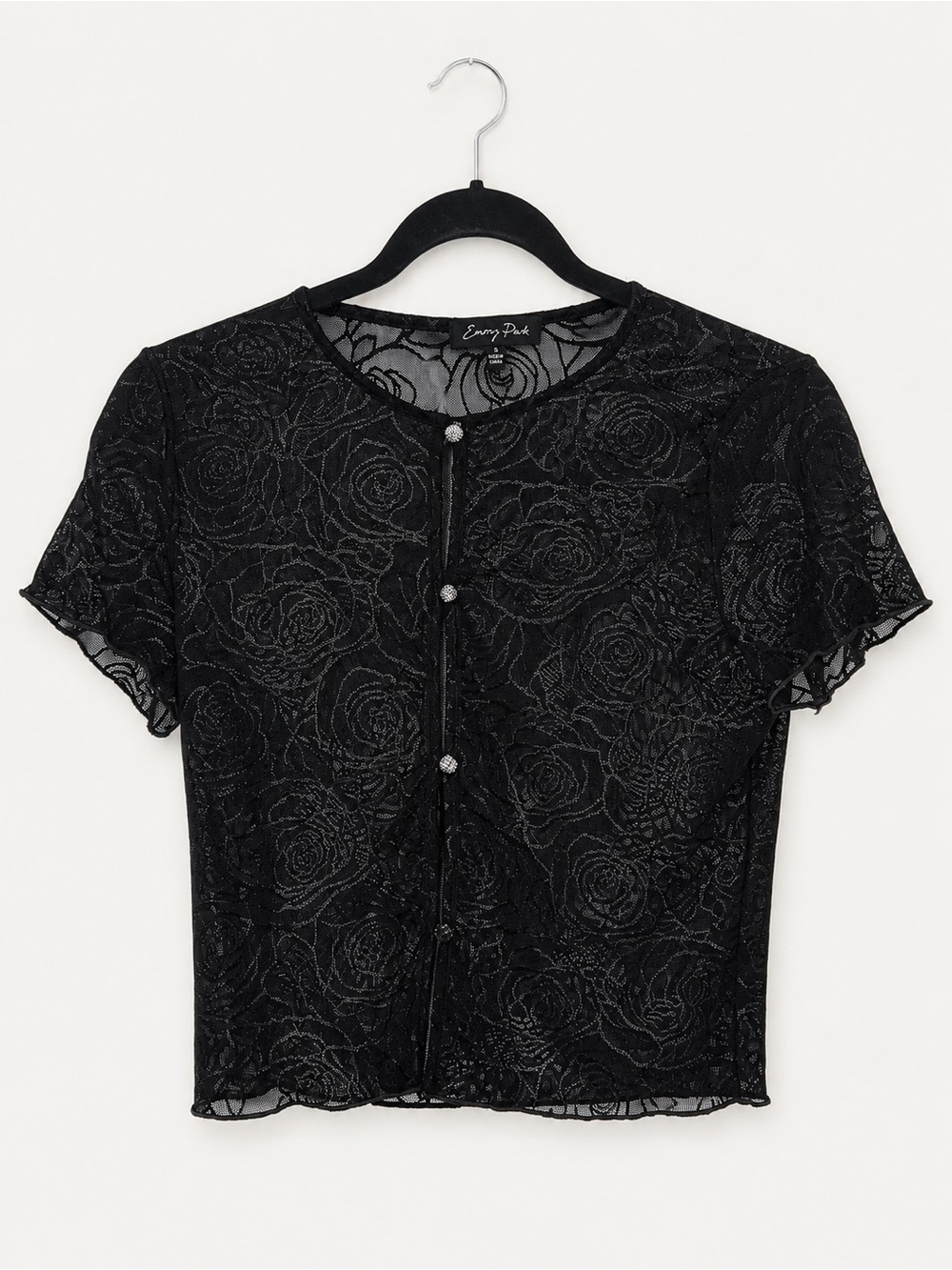 Emory Park Black Sheer Rose Lace Button Top